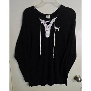 PINK Victoria's Secret Lace-Up Long Sleeve Top Black Plaid 86 Fall colors Logo S